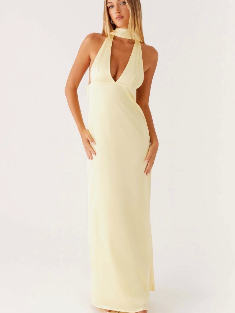 Alicia Satin Halter Maxi Dress - Yellow